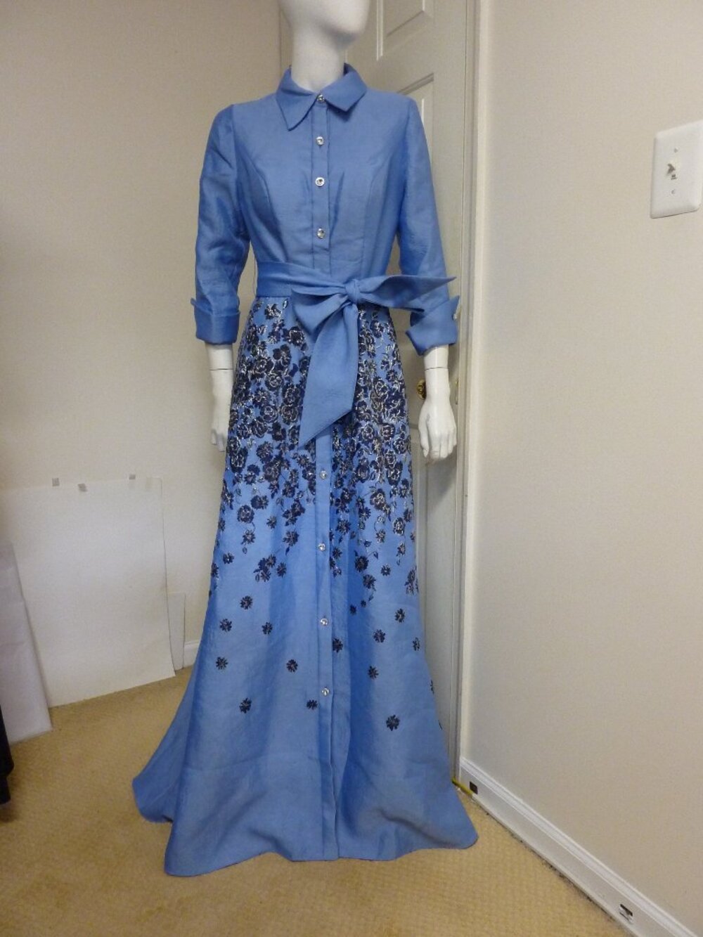 Terani Couture Jacquard Floral Ombre 3/4 Sleeve Long Shirt Dress